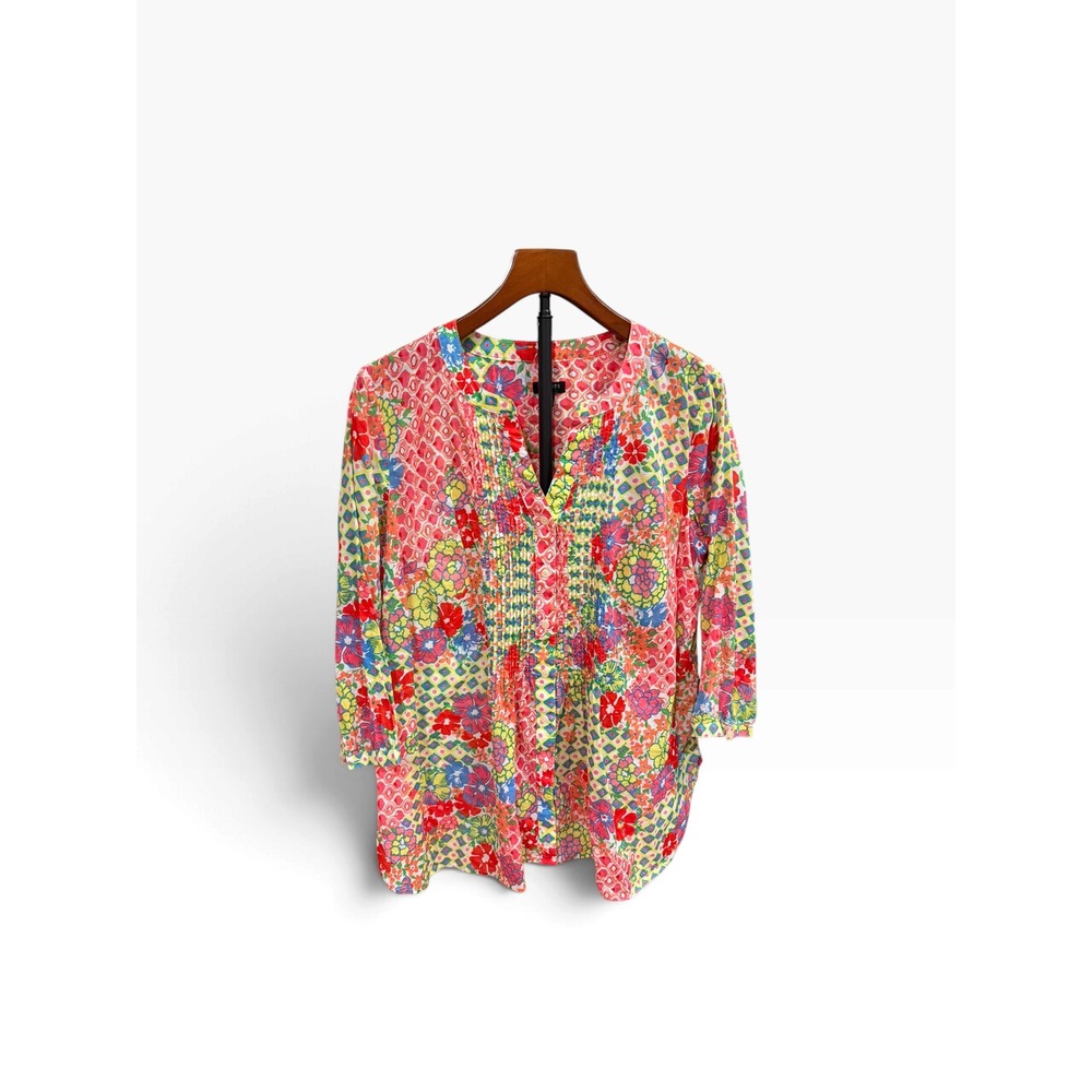 Talbots Woman Floral Patchwork Pintuck V-Neck Cotton Blouse Multi-Color Sz X 16